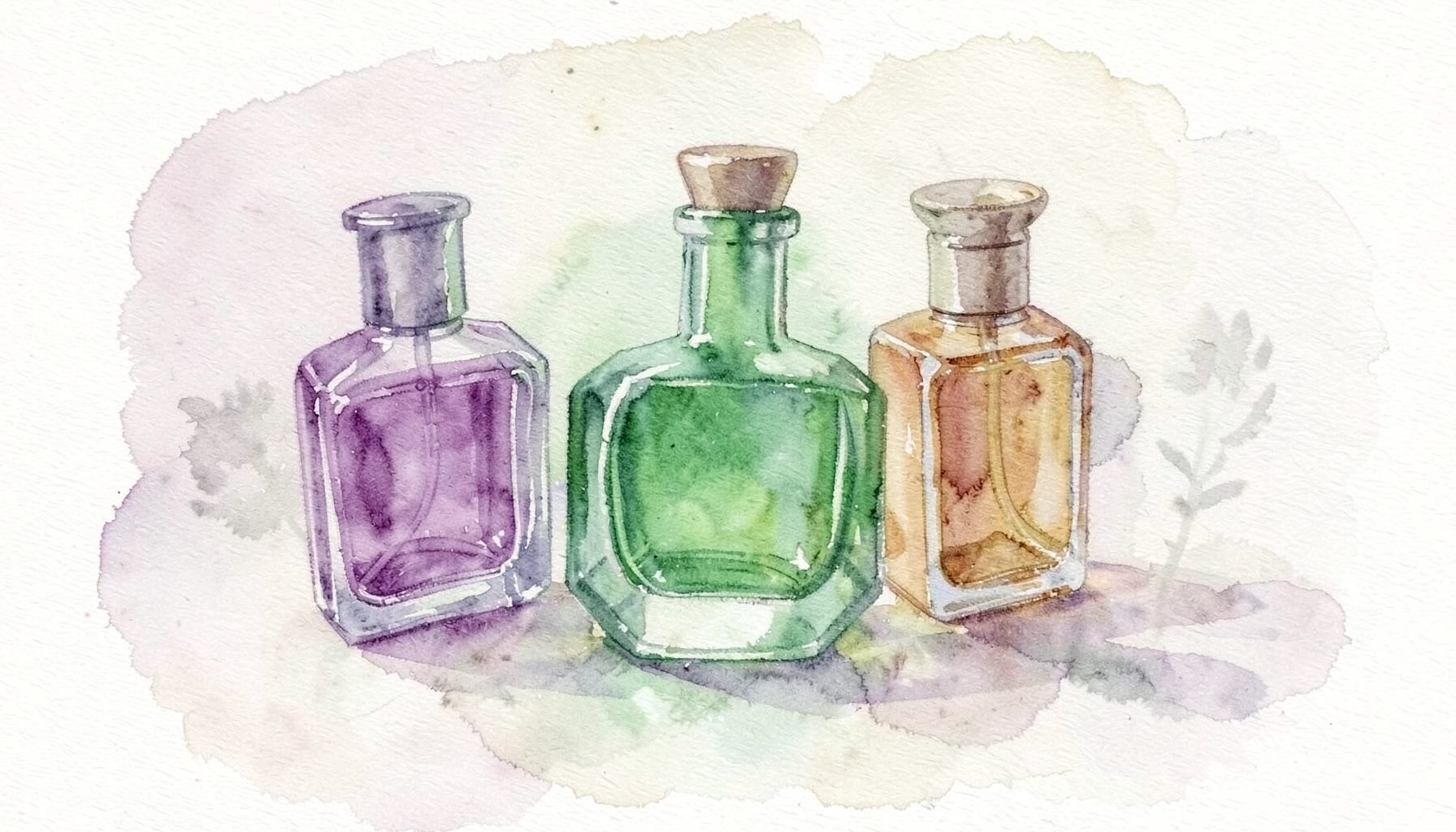 Soft watercolour of glass perfume bottles in muted purples, greens, and amber tones, arranged on a pale wash background with gentle botanical shadows